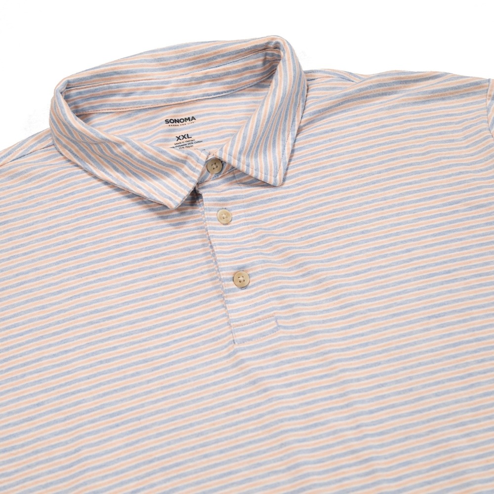 SONOMA Men's XXL Blue‎ Peach Striped Short Sleeve Casual Button Up Polo Shirt